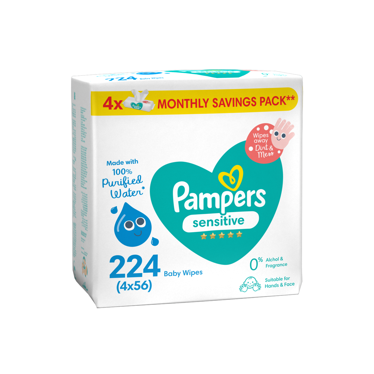 Pampers Sensitive Wipes - 224 (4x56) - 100% Purified Water Wipes
